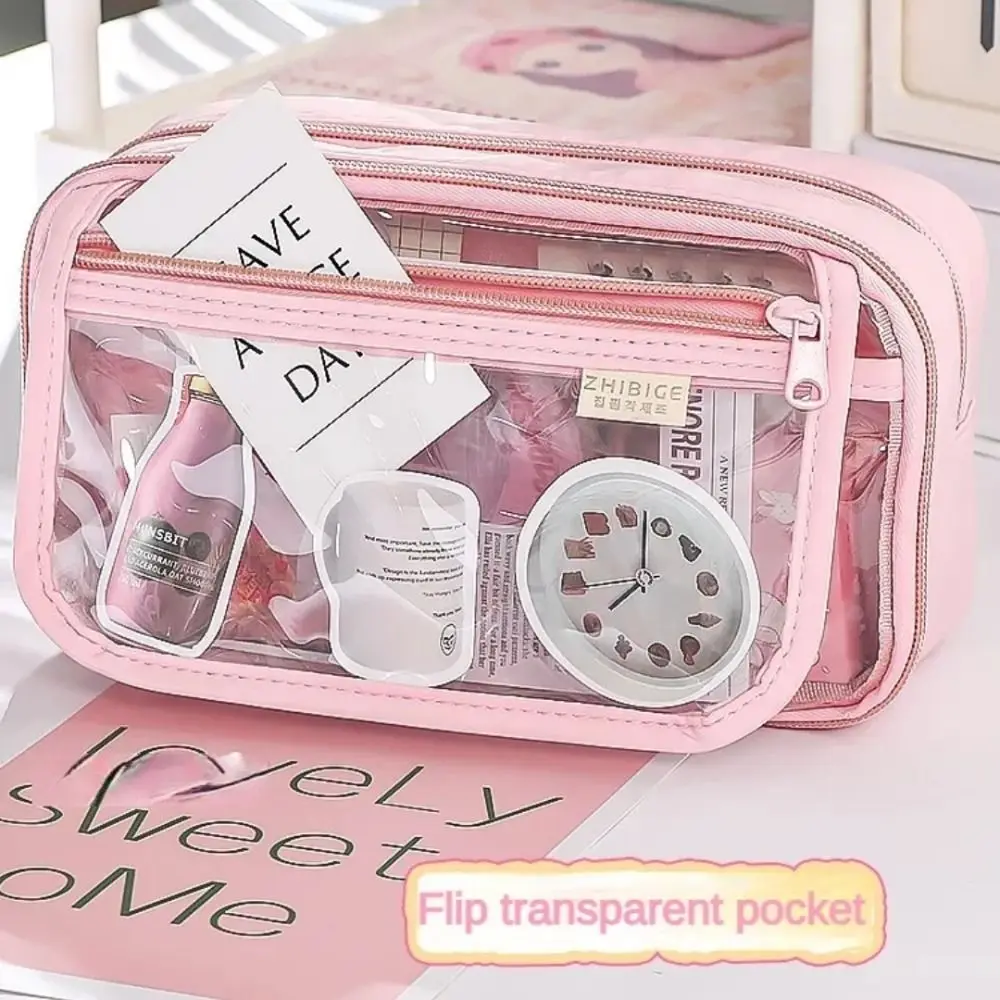 Multi-layer Transparent Pencil case Zipper Large Capacity Transparent Pen Bag Kawaii Macaron Stationery Box Travel
