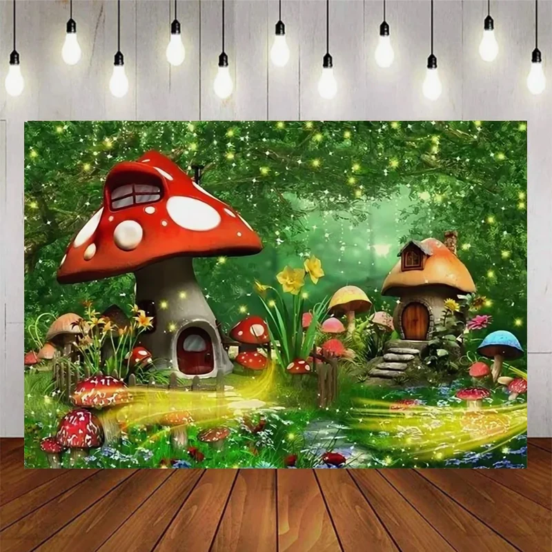 Mysterious Magic Fairy Tale Forest Background Atmosphere Mushroom Theme Birthday Party Scene Layout