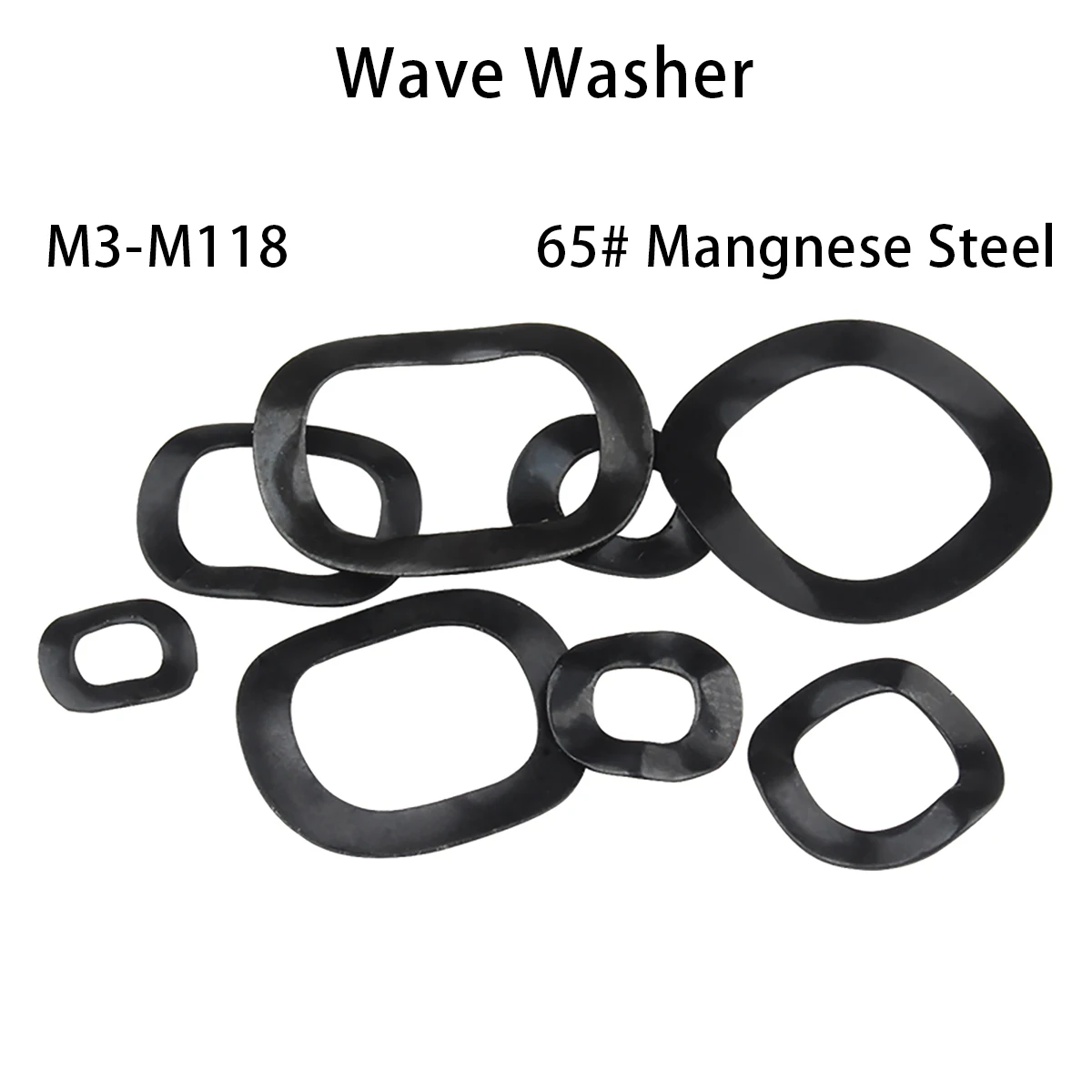 

M3 M4 M5 M6 M8 M10 M12 M14 M16 M17 M19-M118 90-10pcs 65# Mangnese Steel Wave Washer 3/5/6 Wave Crest Type Gasket Spring Washer