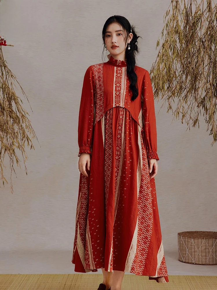 

Retro Artistic Long A-Line Dress with Tangerine Bud Pattern Winter Floral Embroidery Red Stripe Dress for Women