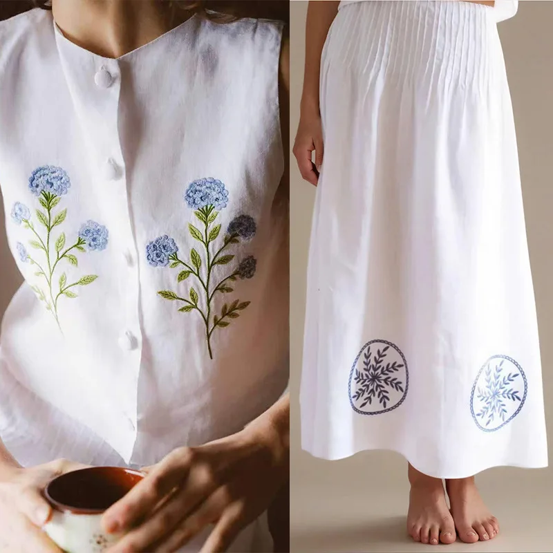 

Withered 2026 Summer Embroidered Embroidered Cotton Hemp Breathable Sleeveless Top A Version Long Half Skirt Set