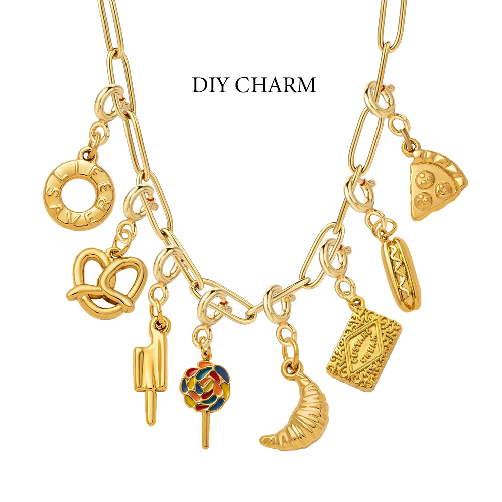 INS Gold Farbe Spaß Lebensmittel Dessert Modell Pizza Französisch Frites Brot Charm Anhänger Für Frauen Edelstahl DIY Machen Zubehör