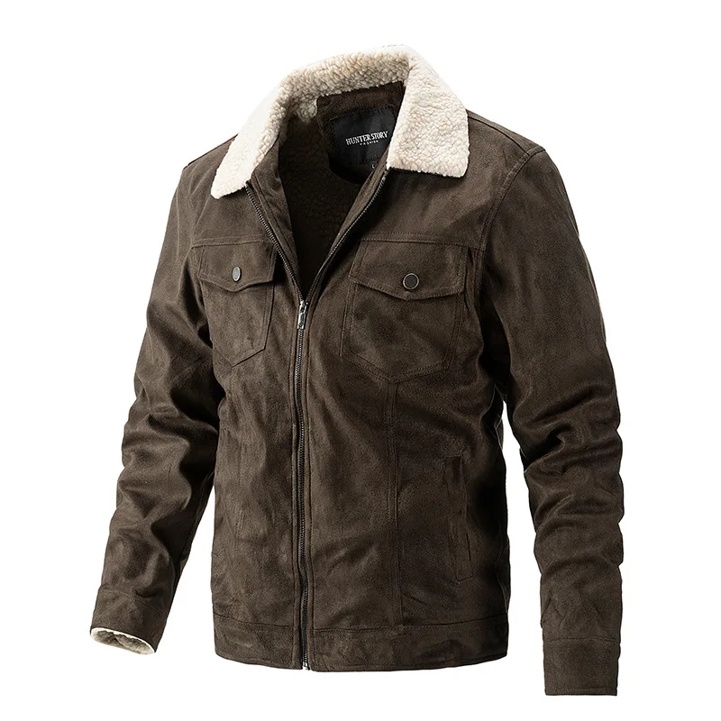 Veste en daim à revers d\'agneau pour hommes, vêtements d\'extérieur décontractés, haut d\'affaires, fermeture éclair, sourire, automne, hiver