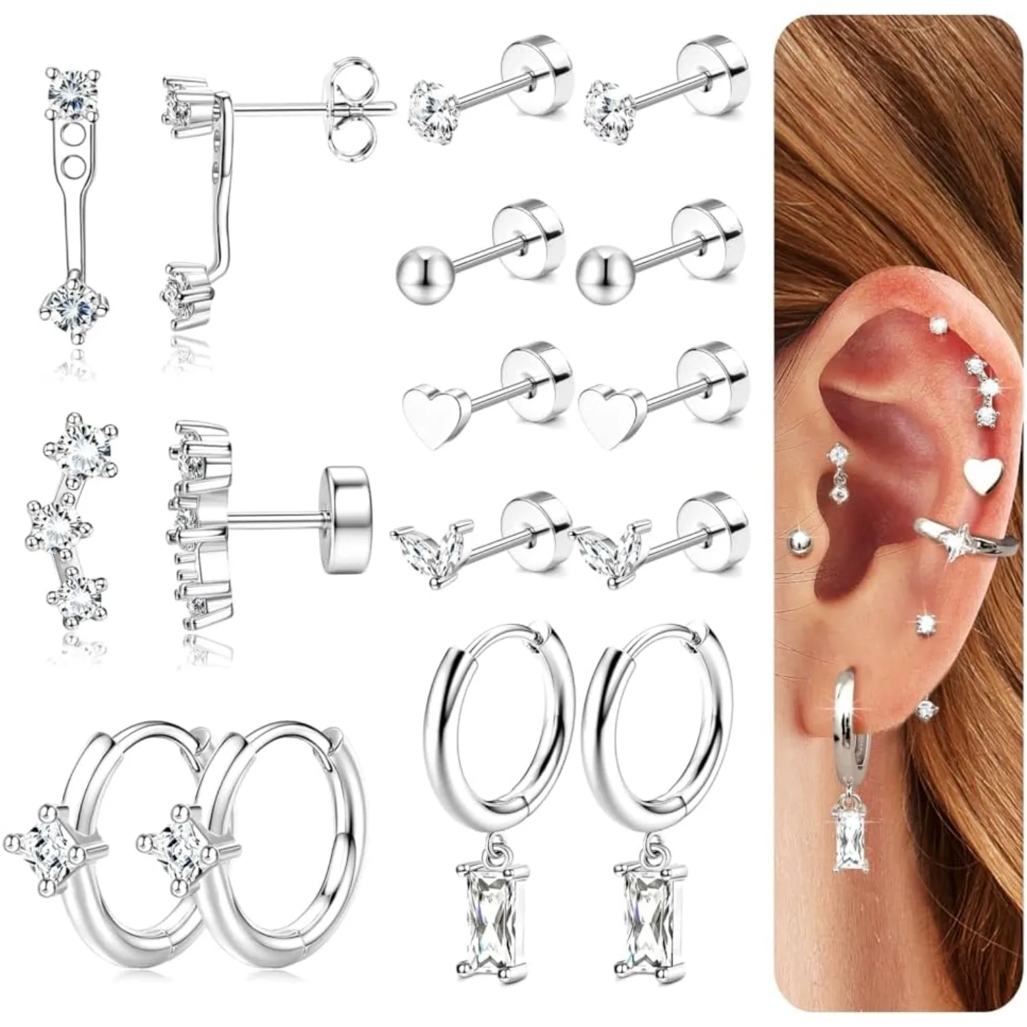 

Florideco 8 Pairs Hypoallergenic Stainless Steel Flat Back Earrings Set for Women Hoop Piercing Jewelry for Multiple Piercings