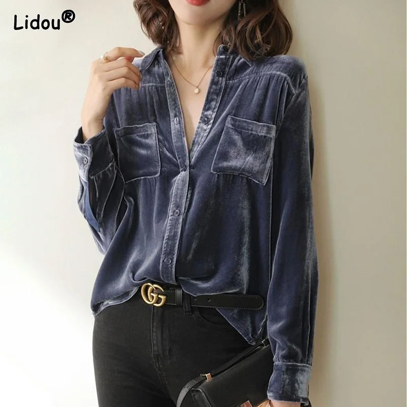 

Solid Blouses Temperament Office Lady Fashionable Pockets Button Turn-down Collar Lightly Cooked Autumn Winter Women's Clothing