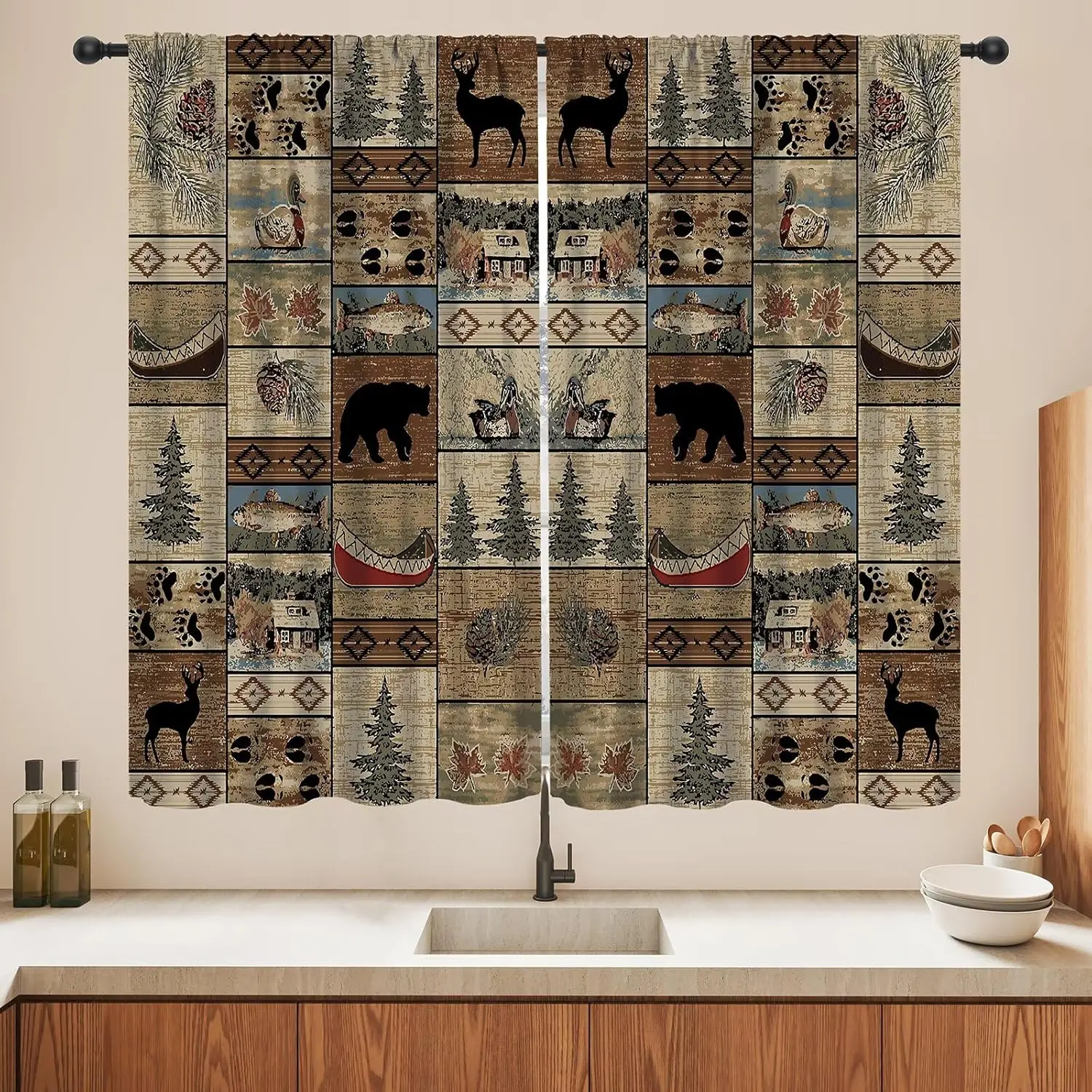 Lodge Style Rustic Forest Curtain Pair Cabin Woodland Deer Bear Hunting Theme Shower Curtain Decoration Bathroom Panel 2pcs