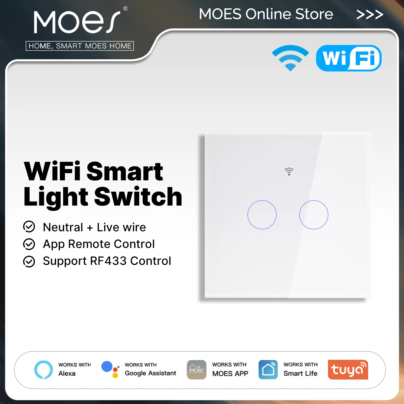 

MOES Tuya Wi-Fi Умный выключатель света Стеклянный сенсорный нейтральный провод Дополнительная поддержка Функция синхронизации RF433 работает с Alexa Google Home
