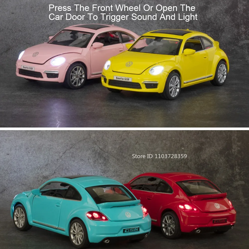 Modelo de escarabajo GSR CC 1:32, coches de juguete de aleación, vehículos en miniatura fundidos a presión, puertas con luz de sonido, adorno abierto hacia atrás para regalos de niños