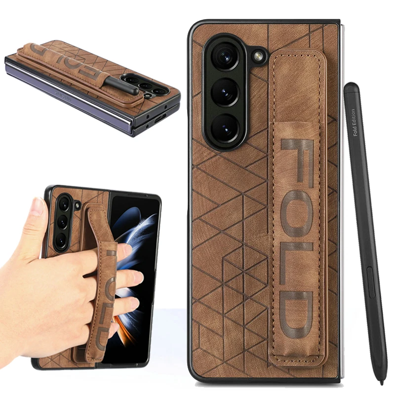 Image of Handgelenkschlaufe Stiftschlitz Ledertasche für Samsung Galaxy Z Fold 7 5G 2025 Luxus-Abdeckung Telefon Samsung Z Fold7 6 5 4 Rückseite Coque