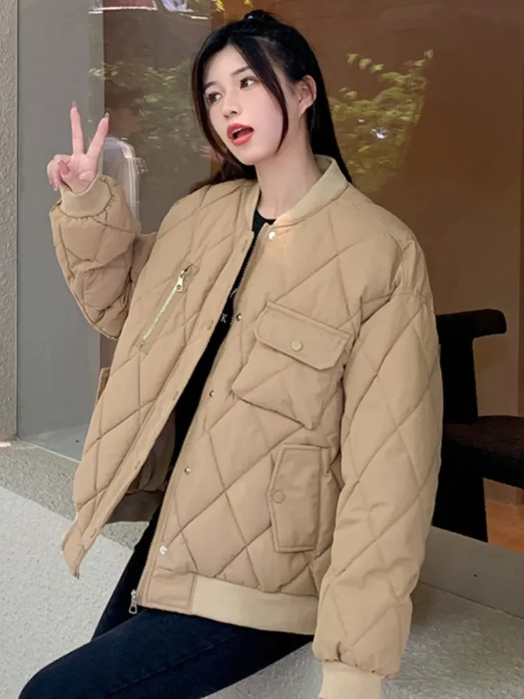 Chaqueta Bomber de manga larga para mujer, Parkas acolchadas de algodón, abrigo cálido, prendas de vestir femeninas, sueltas, Harajuku, invierno,