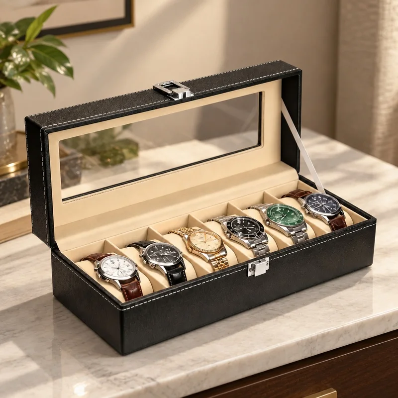 Men's PU Leather Watch Display Case with Glass Lid, Multi-Slot Organizer and Stand - Premium Storage Solution