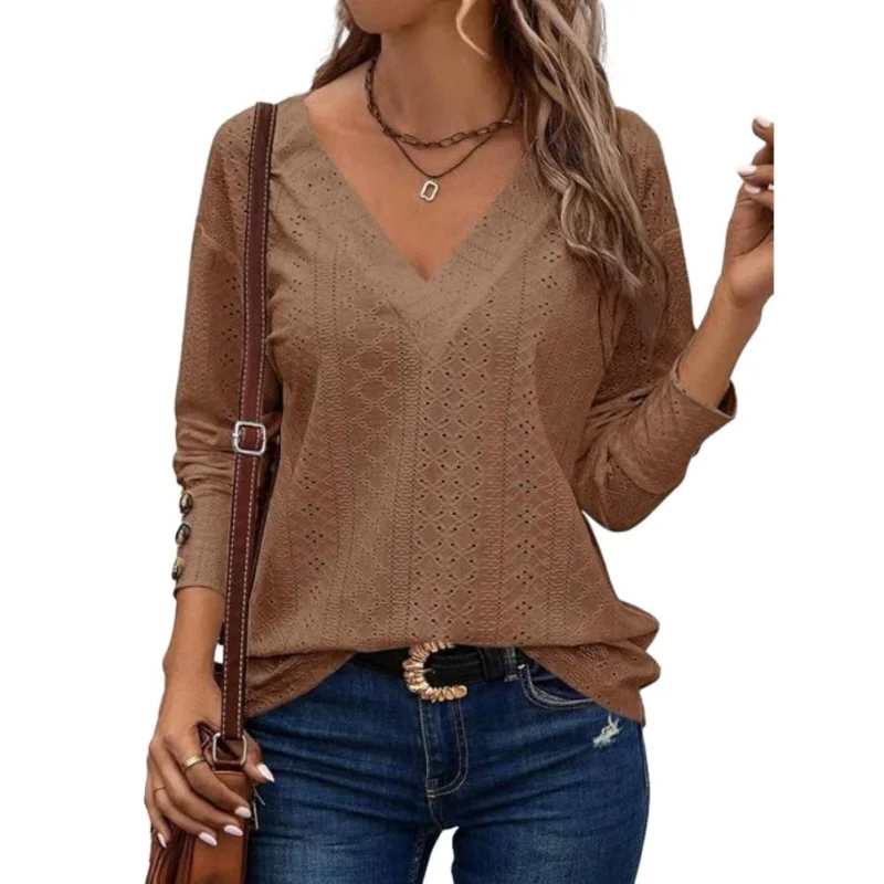 

Women's Tops Dressy Casual V Neck Long Sleeve Buttons Hollow Out Lace Embroidered Blouses Shirts