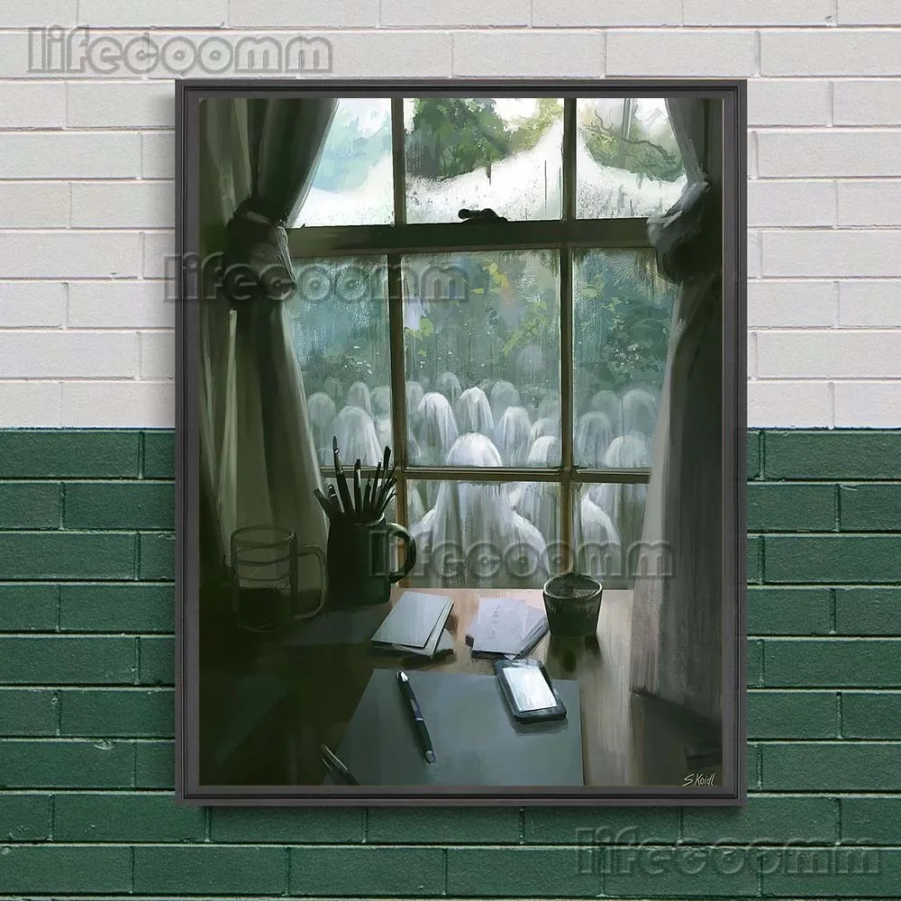 Maison fantôme et feuille fantôme en automne Vintage mur Art toile peinture fantômes à l'extérieur d