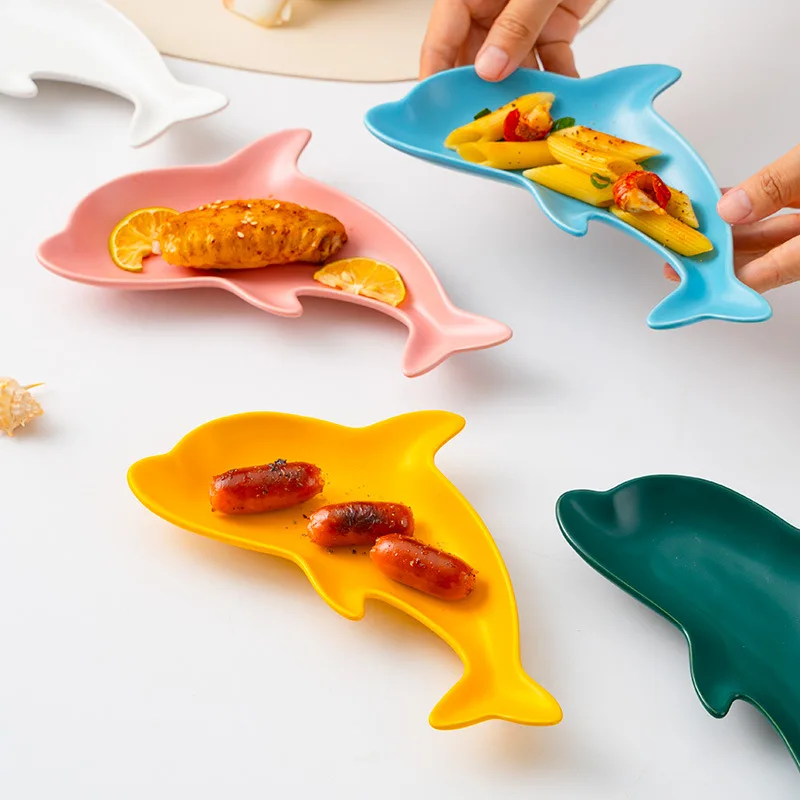 

New Net Red Matte Dolphin Long Plate Household Children's Breakfast Plate Irregular Ceramic Plate