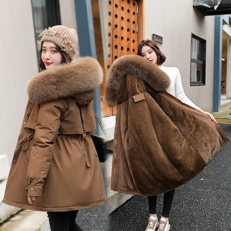 Parka feminina moda casaco longo forro de lã com capuz parkas 2024 nova jaqueta de inverno fino com gola de pele quente neve usar roupas acolchoadas