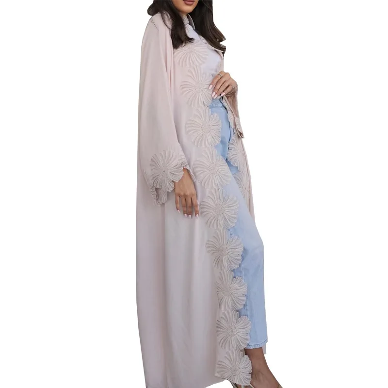 Luxurious Abaya Embroidered Botanical Applique Abaya Floorlength Openfront Sleeved Abaya Arabian Eveningwear Gownstyle Kaftan