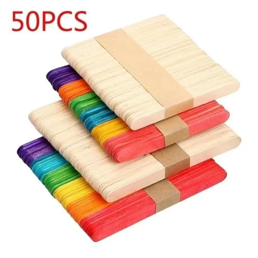 Nuevo 50 unids/lote palitos de madera de colores palitos de helado de madera Natural herramienta de bricolaje para niños decoración de madera Placa Madera Manualidades