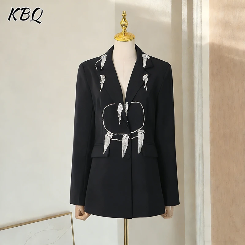 KBQ Solid Spliced Tassel Chic Tunic Jacket for Women Lapel Long Sleeve Loose Luxury Commute Jackets Female Autumn Fashion New