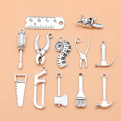 12pcs Antique Silver Color Tools Brush Hammer Pliers Screwdriver Ruler Chainsaw Charms Collection, 12 Styles, 1 of Each