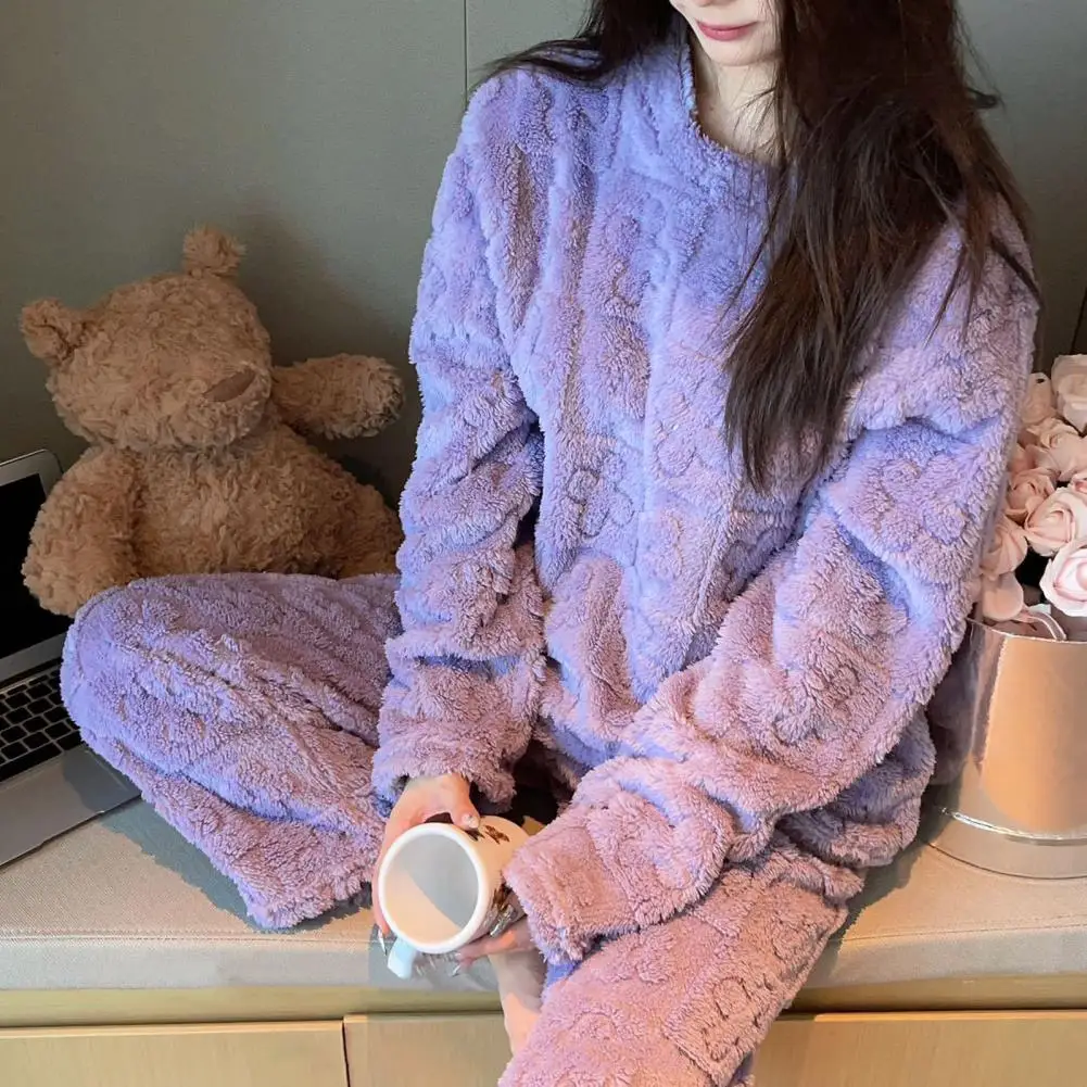 Women Coral Velvet Pajama Set Coral Velvet Women Loungewear Cozy Winter Pajama Set 2-piece Women\'s Fleece Homewear for Comfort