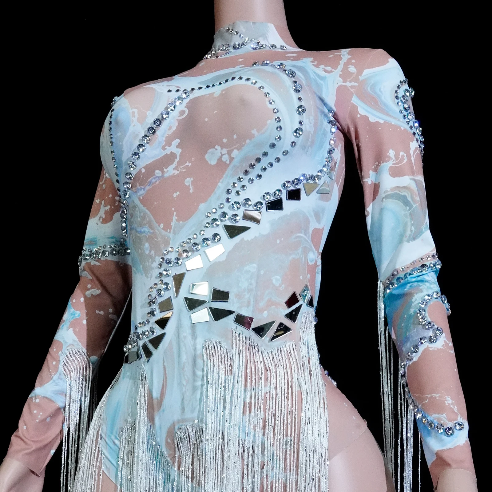 GOGO-Body blanco con borlas y diamantes de imitación elásticos para mujer, traje de cantante, Bar, club nocturno, Showgirl, disfraz de Drag Queen