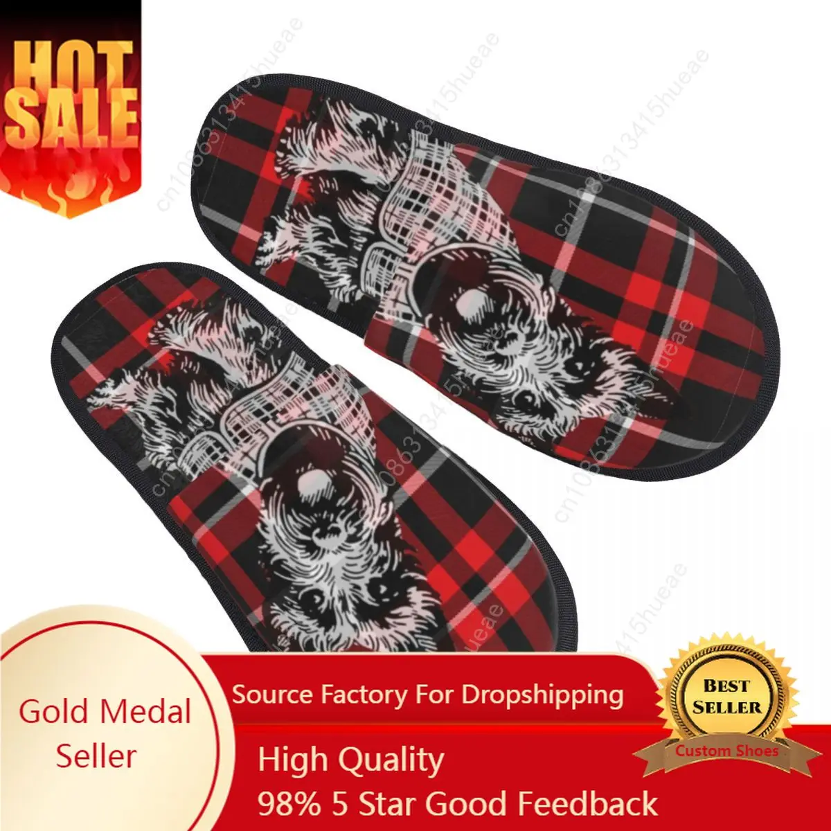 

Custom Scottish Terrier Dog On Red And Black Tartan Plaid Soft Memory Foam House Slippers Scottie Comfy Warm Anti-Skid Slipper