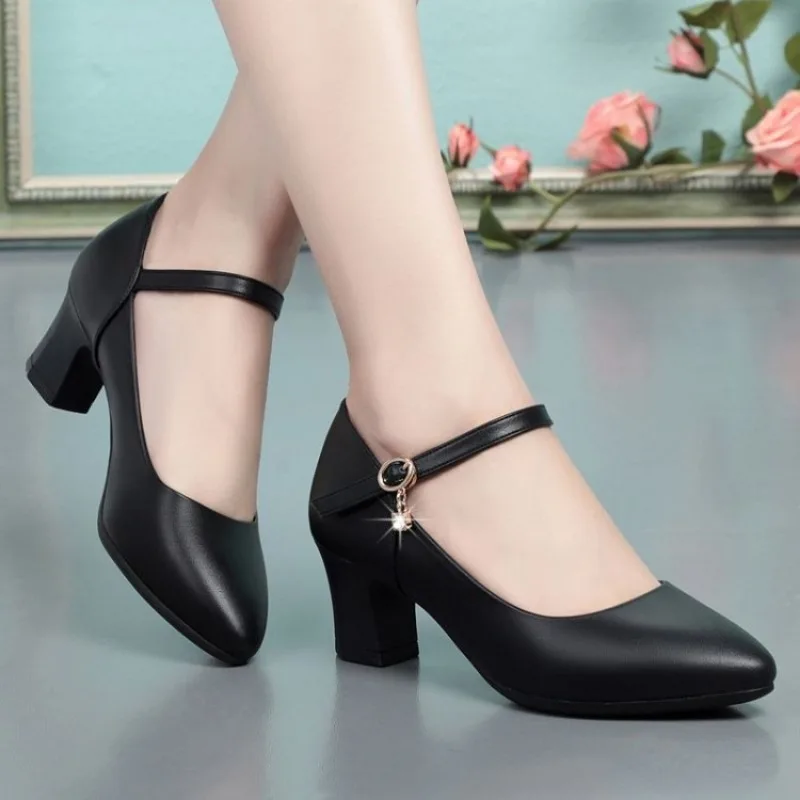 Women Pumps Fashion Sweet Red Comfort Buckle Strap Square Heel Lady Casual Basic Black Pu Leather Office Work High Heels Shoes