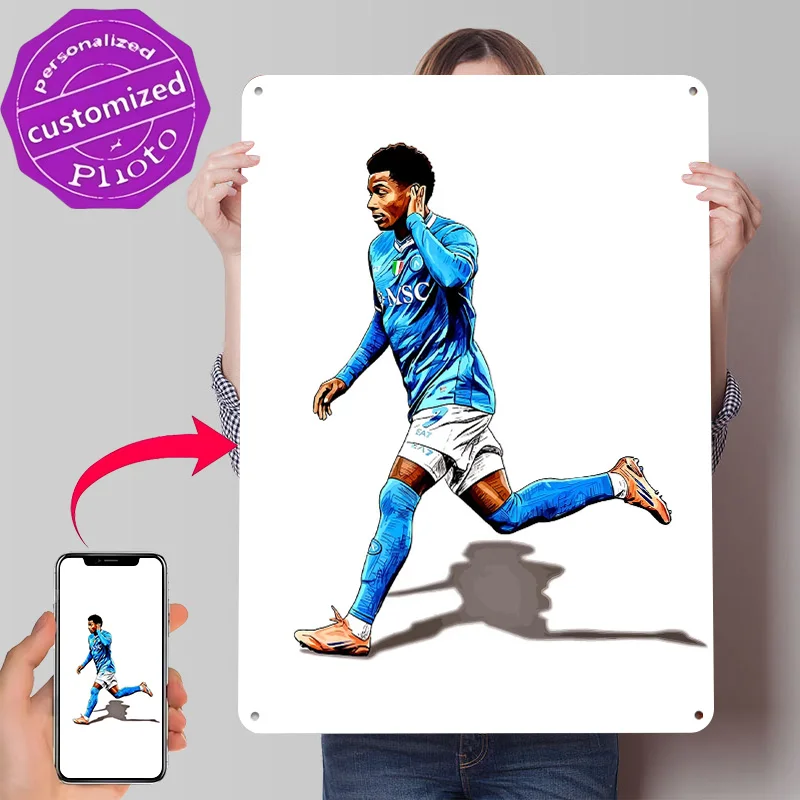 Soccer Player in Action Personalized 3D Textured Metal Poster Wall Art Tinplate Sign for Modern Home Decoration Gaming House