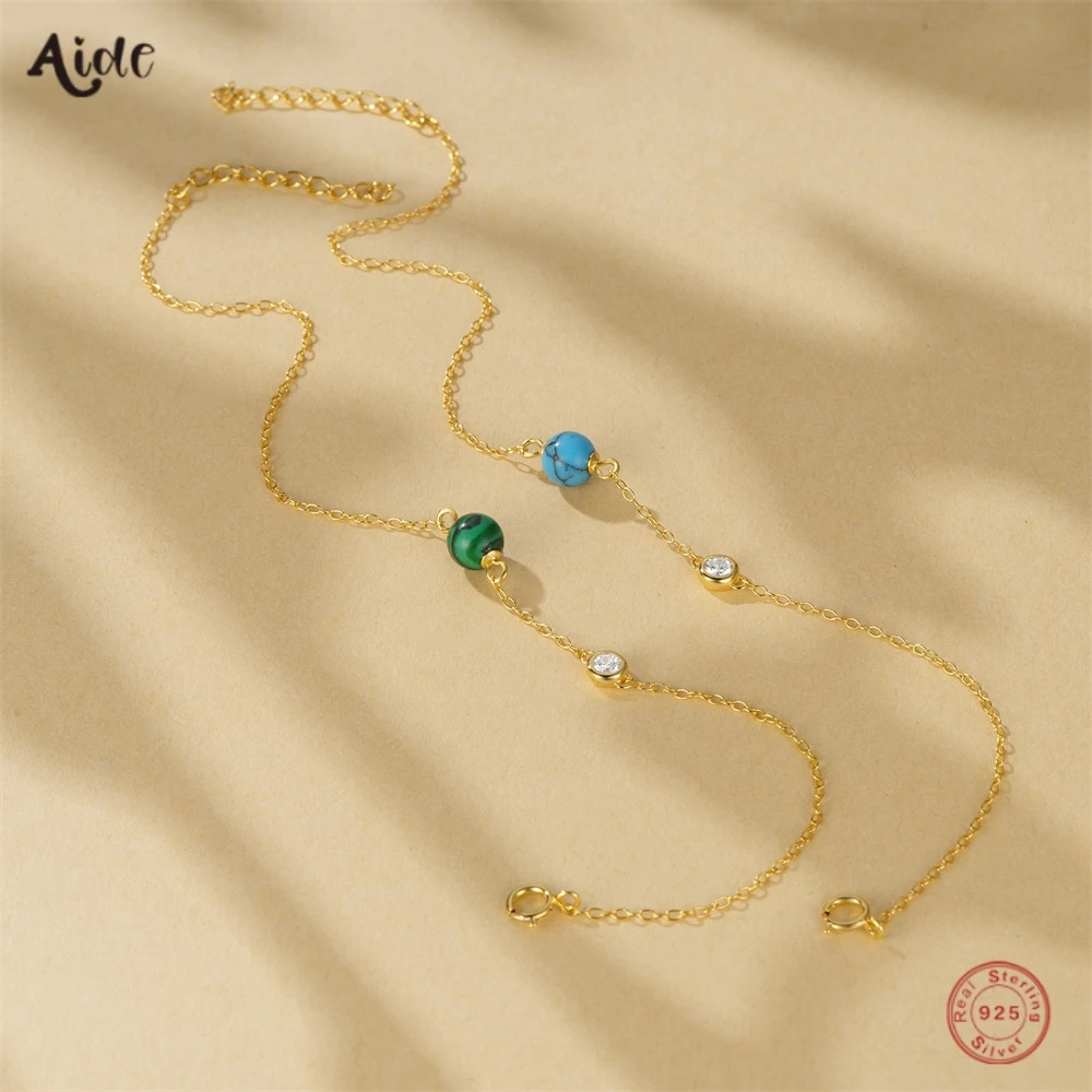 Aide 925 Sterling Silver Turquoise Malachite With Circle Zircon Bracelet For Women 17+3cm Gold Chain Simple Jewelry Bangles Gift