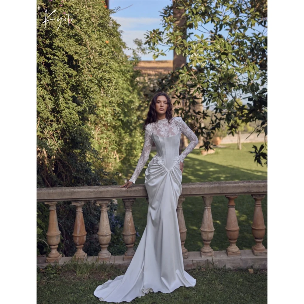 

Kyoto Customized Vintage High Neck Lace Flowers Wedding Dress Sheath Pleats vestidos de novia Corsrt Court Train Evening Dresses