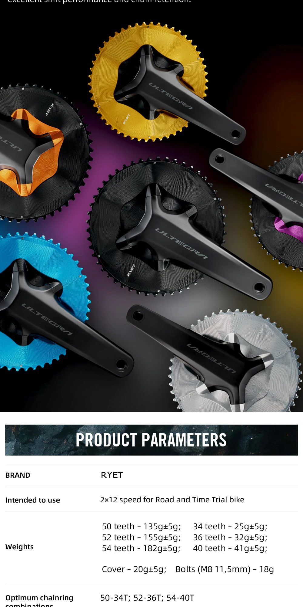 RYET Rennrad-Kettenblatt 50-34T 52-36T 54-40T Aero für Shimano Dura-Ace R9200 Ultegra R8100 105 R7100 12-fach Fahrrad-Gruppensätze – Detail 2