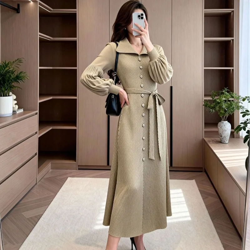 مياكي أوروبا فساتين نسائية جديدة مطوي التلبيب بأكمام طويلة بلون الدانتيل متابعة الخصر حجم كبير فستان طويل مرن الملابس