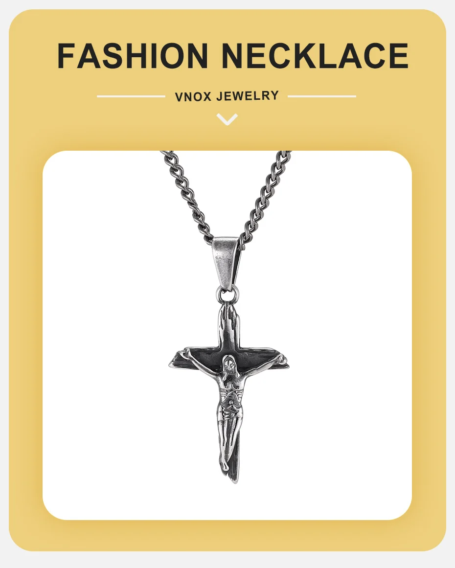 Vnox Herren Vintage Antik-Look Edelstahl Jesus Kruzifix Kreuz Anhänger Halskette, Retro Grau Religiöser Katholischer Halsschmuck – Detail 1