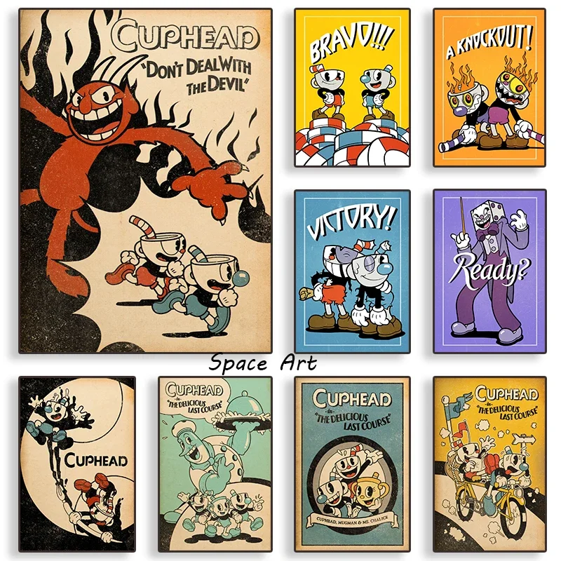 Arte de pared Retro clásico, juego de Anime Cuphead, personajes de dibujos animados, lienzo HD impreso, póster para el hogar, sala de estar, decoración del dormitorio