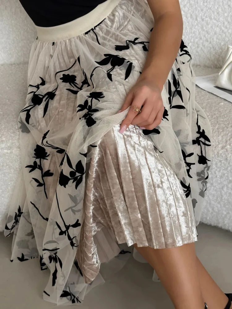 Gonna elegante da donna Estate elastica a vita alta Coperta in pile Gonna lunga in garza Gonna a pieghe di lusso semplice e versatile