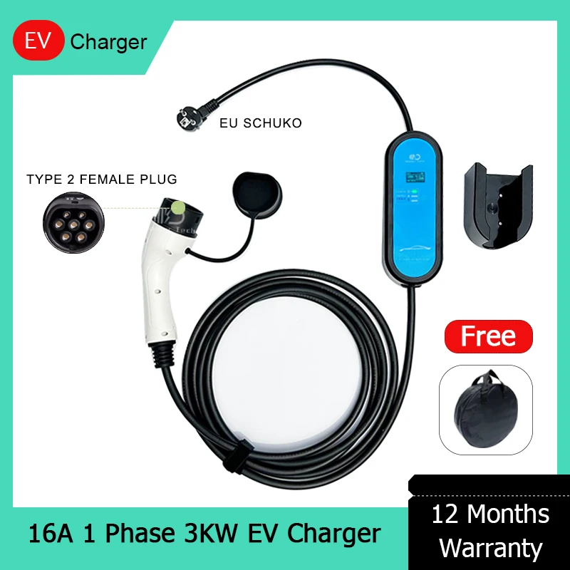 16A Type 2 Wallbox Portable Charger 220V 3.7KW EU Plug IEC62196-2 Portable EV Charging Cable For Electric Vehicles 3M TPE Cable