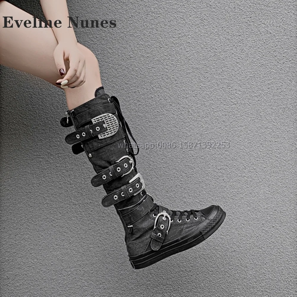 Belt Buckle Canvas Rivet Booty Round Toe Height Increasing Cross-Strap Cowboy Boots Retro Punk Spicy Girl Motorcycle Boots Trend