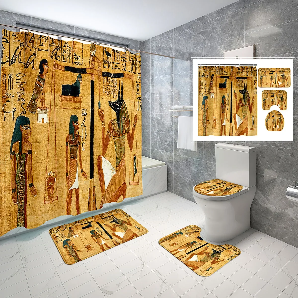 

4 Pcs Ancient Egyptian Pharaoh Shower Curtain Sets Pharaoh Rulers Non-Slip Bath Mat Toilet Cover Waterproof Shower Curtain Set