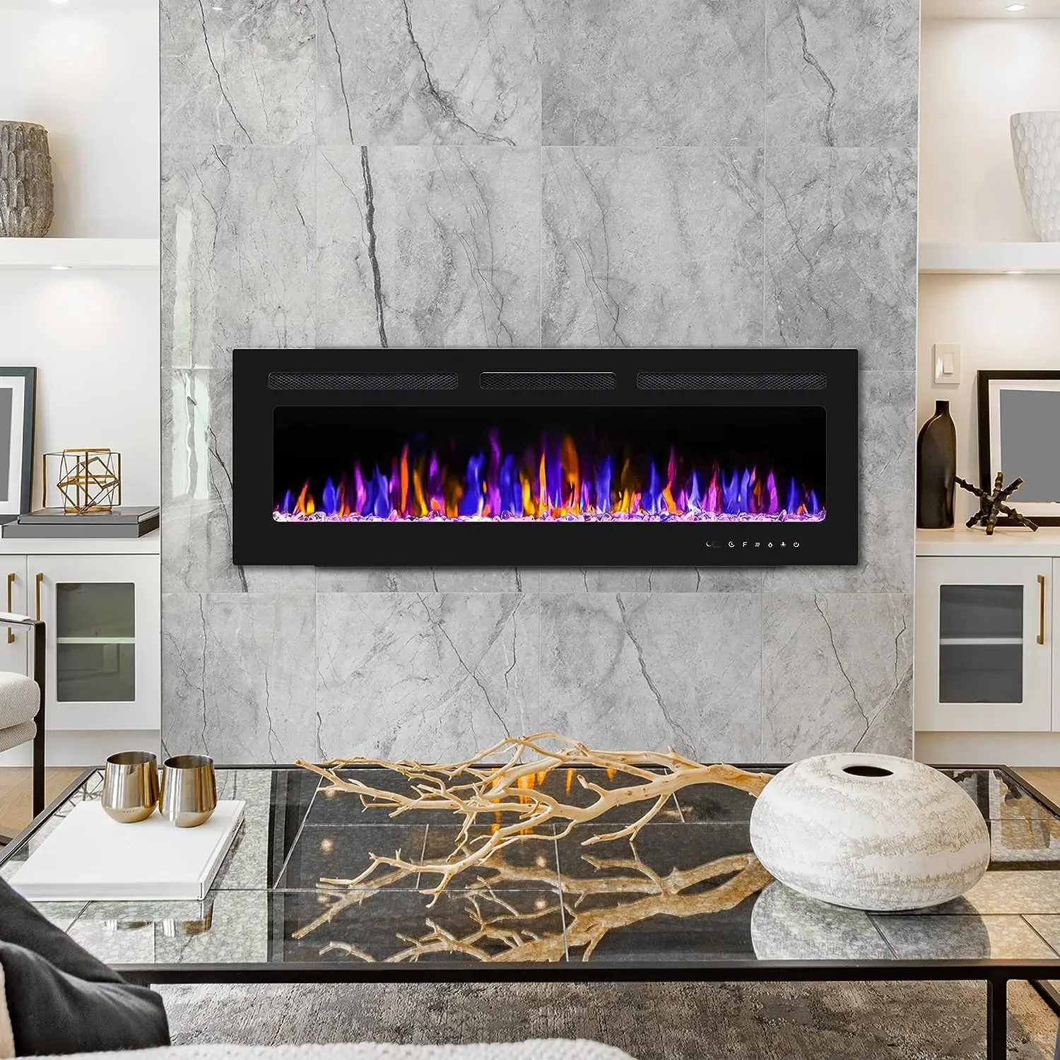 60-Inch Large Screen Electric Fireplace – 220V LED Wall-Mounted Fireplace with Floating Flame Effect & Remote Control