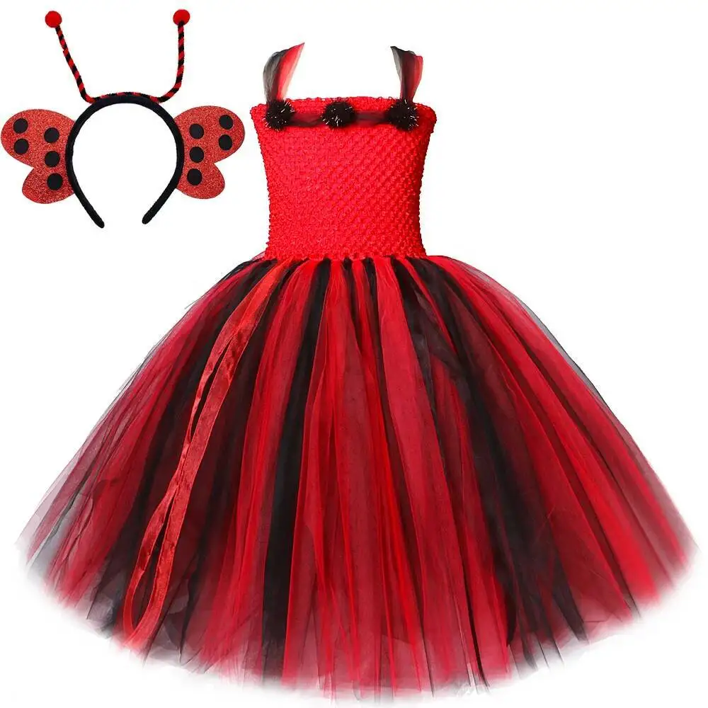 Girls Lady Beetle Long Lined Tutu Dress with Wings Set Kids Red Black Llittle Bee Halloween Costumes Christmas New Years Tutus