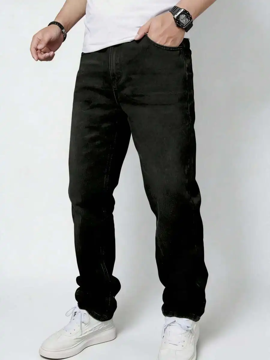 

American Retro Loose Straight Leg Heavyweight Washed Black Jeans For Men