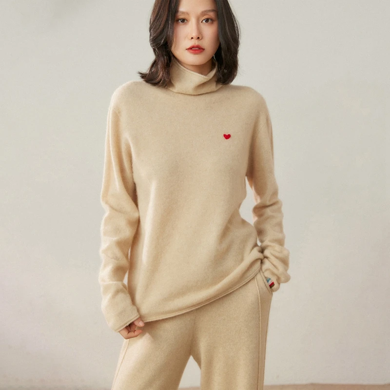 

Женский свитер из 100% чистого кашемира, повседневный вязаный пуловер с вышивкой, свободный топ с высоким воротником, теплая блузка, осенне-зимний джемпер