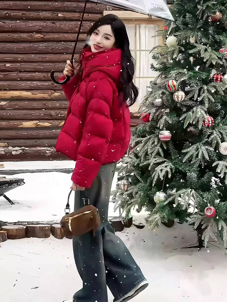 레드 퍼퍼 재킷 여성용 겨울 코트 한국 스타일 브레드 스타일 모자 디자인 오버 롱 통근 스타일 다운