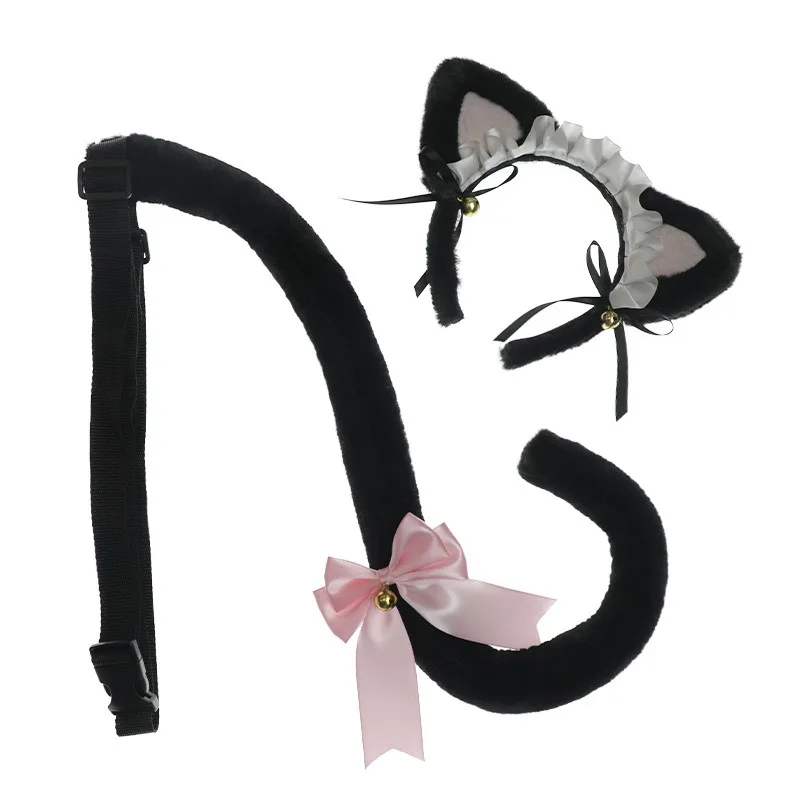 Süße Mädchen-Lolita-Kopfbedeckung, Spitzenschleifen-Accessoire, Dienstmädchen-Kätzchen-Ohr-Stirnband und Katzenschwanz-Set, Halloween-Rollenspiel-Requisiten