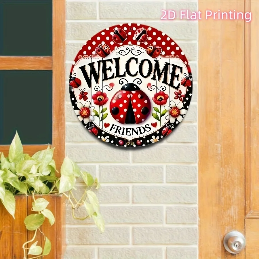 2D Flat 1pc, Vintage 8x8 Inch Charming Ladybug Welcome Sign Metal Tin Wall Art With Vibrant Floral & Ladybug Design, Perfect For