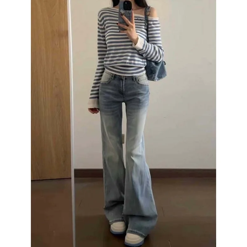 

Женские потертые джинсы большого размера в американском стиле, синие брюки-клеш в стиле ретро, женские весенне-летние узкие джинсовые брюки с высокой талией, модные