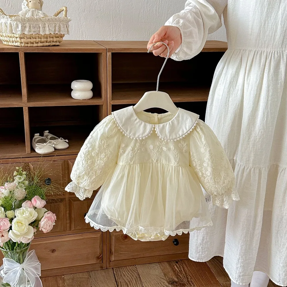 2026 Princess Baby Girl Dress Romper 0-2Years Autumn Newborn Solid Color Long Sleeve Peter Pan Collar Skirted Bodysuit Clothes