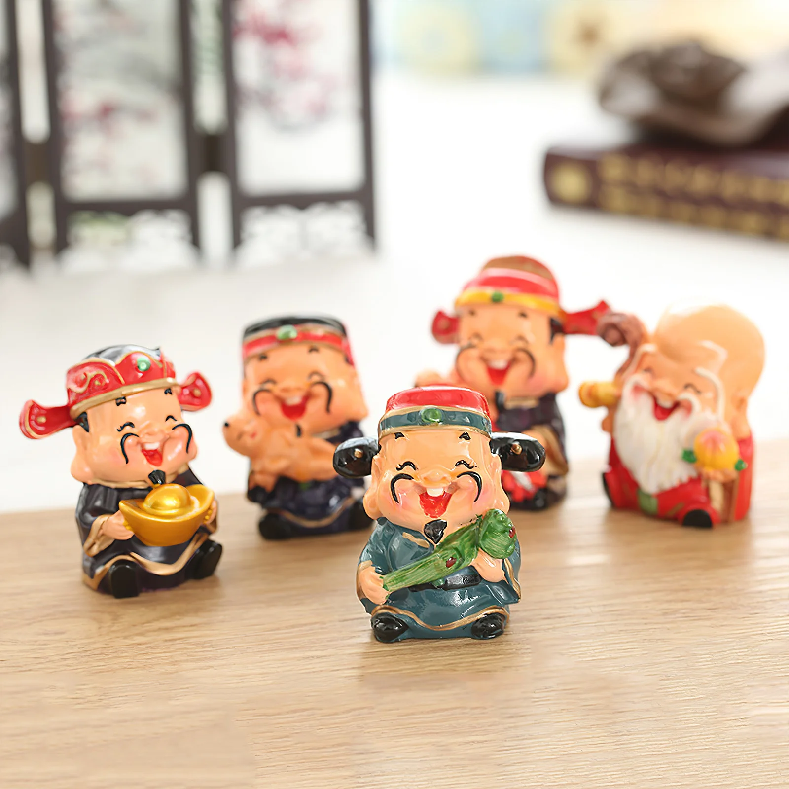 

5Pcs Resin Five Blessings God of Wealth Statue Desktop Decor for Living Room Office Home Decoration Wealth Decor