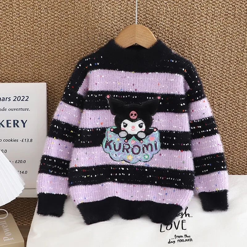 2-5 Years Autumn Winer Girls Clothes Baby Sweaters Kids Sanrio Kuromi My Melody Stripe Sequin Knitwear Sweater Children Pullover