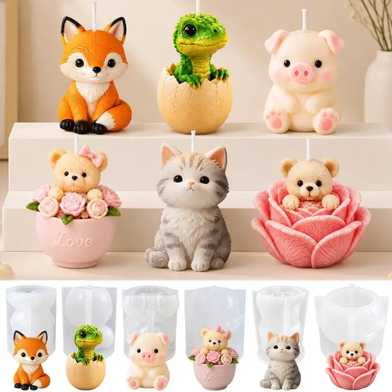 1pc Cute Animal Silicone Candle Molds 3D Cartoon Fox Cat Bear Pig Dinosaur DIY Wax Soap Resin Mould For Handmade Crafts view 5